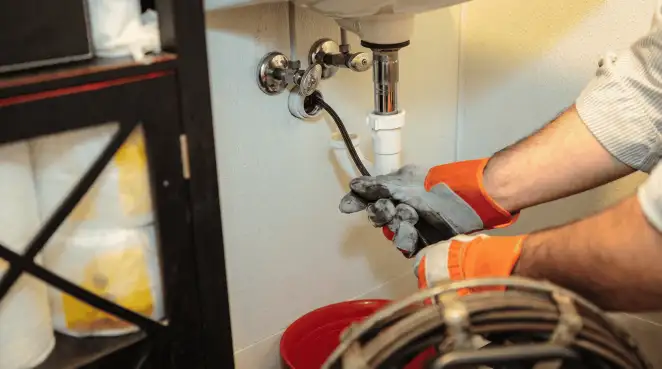 Drain cleaning technician using a motorized plumbing snake to clear a clogged sink pipe in Knoxville, TN